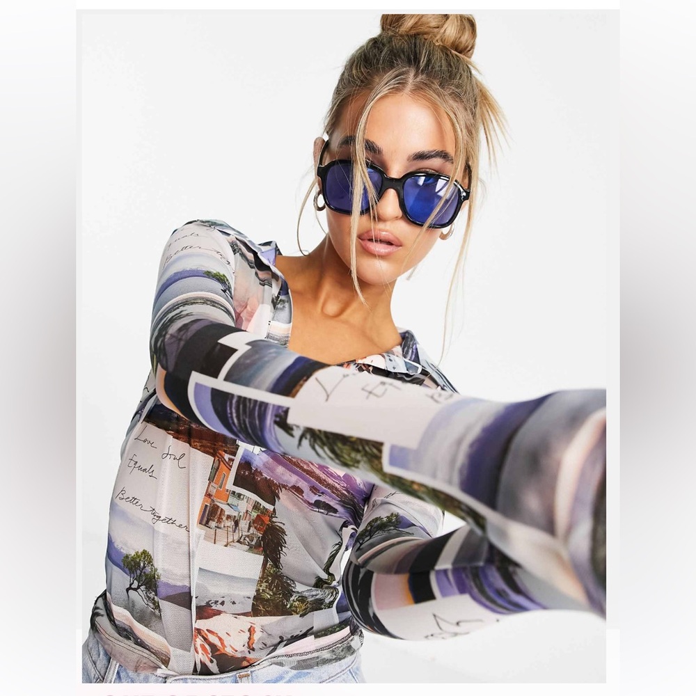 NWT TOPSHOP SZ 14 XL POLO MESH PHOTOGRAPHIC PRINT in MULTICOLOR